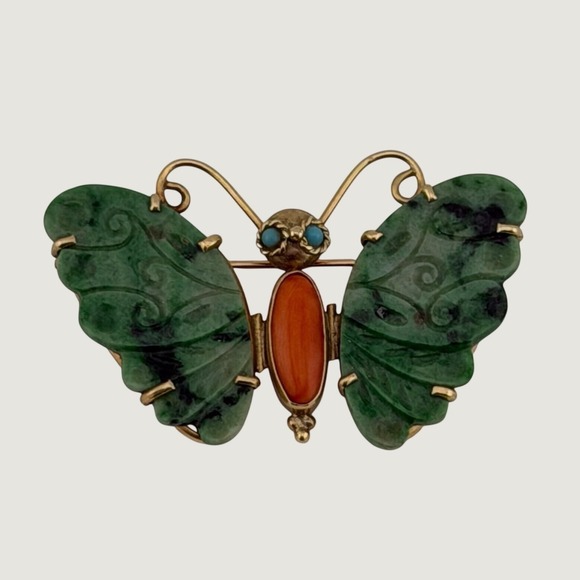 Vintage Jewelry - Vintage 18K Gold Moth Butterfly Brooch Carved Green Jade Coral Stone Turquoise